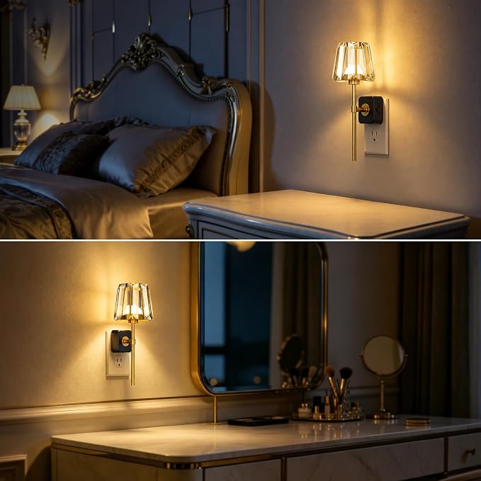 LED Night Lights Plug into Wall, Decorative Crystal Nightlights | 2 Pack Dimmable Night Light 180° Rotating Plug in，Dusk to Dawn Sensor, Crystal Wall Sconces for Bedroom Hallway Living Room