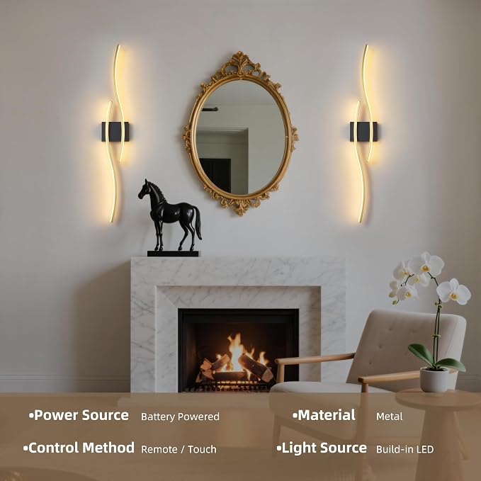 Battery Operated Wall Sconces Set of 2, Dimmable Modern LED Rechargeable Wall Light with Remote Control, Wall Decor for Living Room, Hallway, Quick Install, No Electrician Required 23.6 Inch