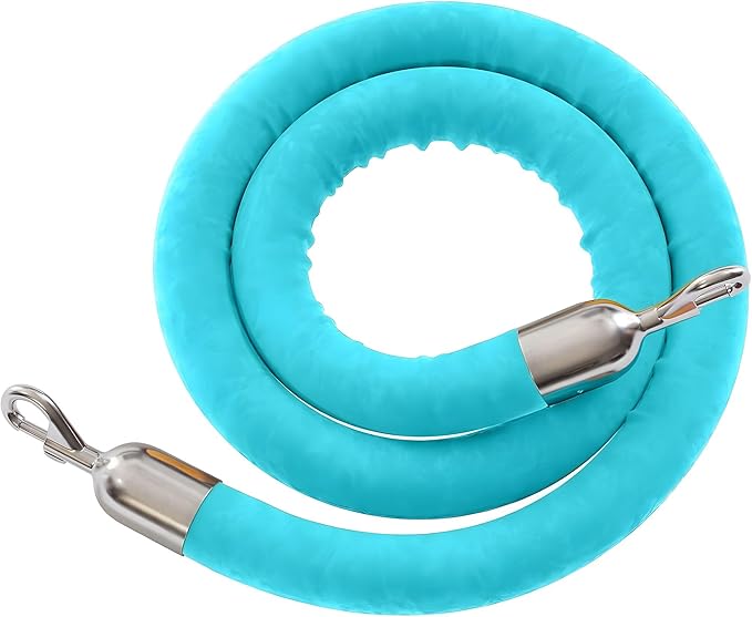 Montour Line Velvet Hanging Stanchion Rope Foam Core, 6 Foot Turquoise Rope with Polished Stainless Steel Snap Ends
