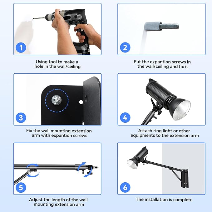 Takerers Ring Light Wall Mount, 5.9ft /71 inch Wall Ring Light Mount,180º Flexible Rotation,Triangle Boom Arm with 3/8 & 1/4 Screw for Photography Light, Monolight, Softbox, Umbrella, Reflector