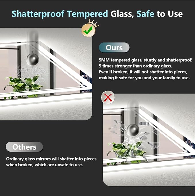 72x40 LED Bathroom Mirror, Backlit & Front Lit Lighted Mirror | Anti-Fog Vanity Mirror with Lights, 3 Color Dimmable, Memory, Shatterproof, Tempered Glass, CRI95, UL Listed, Wall Mounted