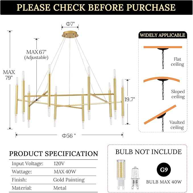 Gold Chandelier Light Fixture, 56" Round Dining Room Chandelier Over Table 20 Light Geometric Modern Chandeliers Mid-Century Hanging Light Fixture for Foyer Living Room Master Bedroom, G9