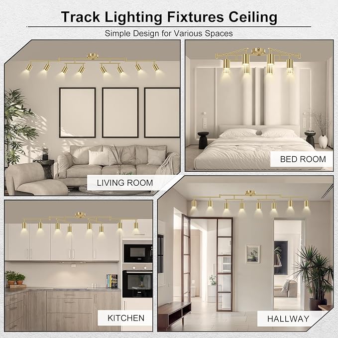 Track Lighting Fixture Ceiling Gold, Modern Track Light Fixtures Kitchen, 8-Light Rotatable LED Track Lights, Semi Flush Wall Sconces Lighting for Dining Room/Hallway(GU10 Socket, Bulb Not Included)