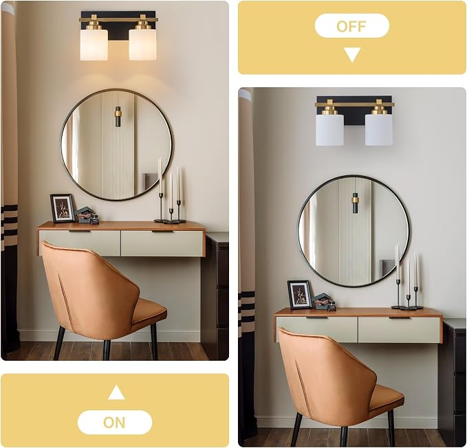 Modern Bathroom Light Fixtures Over Mirror, Vanity Lights for Bathroom Wall Sconces with Milky White Glass Shades, E26 Socket (Bulbs Not Included), 2 Light, Black Gold