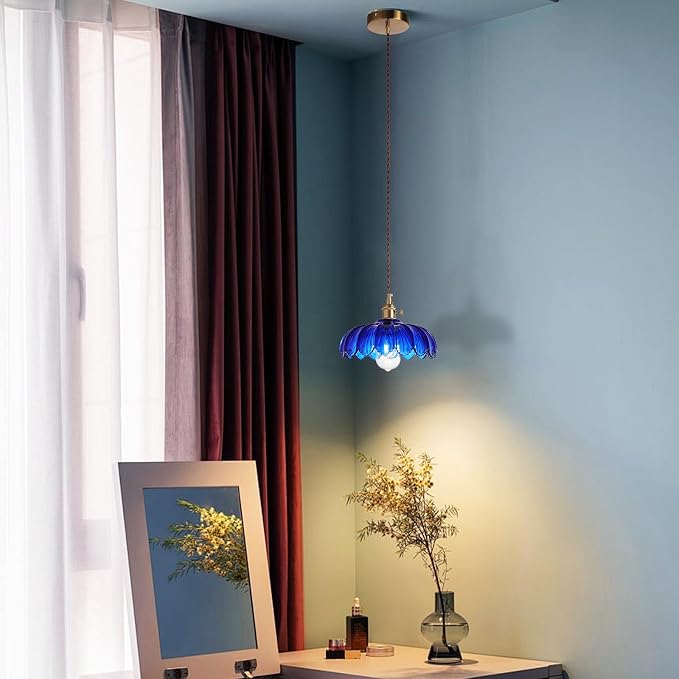 XZHGCEE Pendant Lights Kitchen Island:Vintage Blue Pendant Light Fixtures Glass Small Pendant Light Dining Room, Blue Hanging Lamps for Living Room, Schoolhouse, Entryway, Foyer, E26