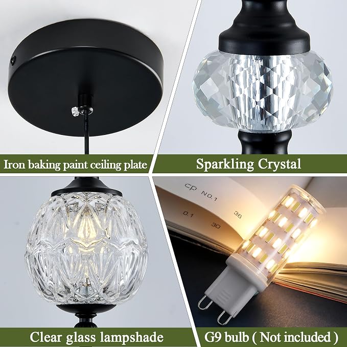 Piepooye 4.72" Vintage Mini Black Glass Pendant Light for Kitchen Island | Adjustable Hanging Ceiling Light Fixture Farmhouse Chandelier Dining Room Bedroom Foyer Entryway