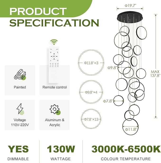 20 Ring High Ceiling Chandelier Foyer, Black Modern LED Large Staircase Long Chandeliers Light Fixture with Remote for Staircase Entryway Living Room Dining Room(118in, 3000K-6500K)