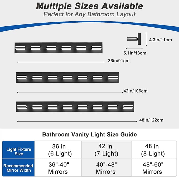 IZORRO LED Modern Bathroom Lights Fixtures(8-Light,Dimmable,360°Rotate),Matte Black Acrylic Wall Lighting,Vanity Lights for Bathroom Over Mirror - 6000k 48In （No Assembly Required）