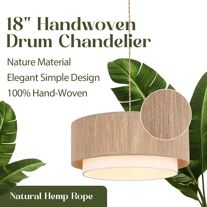 Plug in Pendant Light, 18” Rattan Plug in Chandelier with 15.7FT Light Cord, Hanging Light with Handwoven Hemp Rope Lampshade for Living Room Bedroom Kitchen
