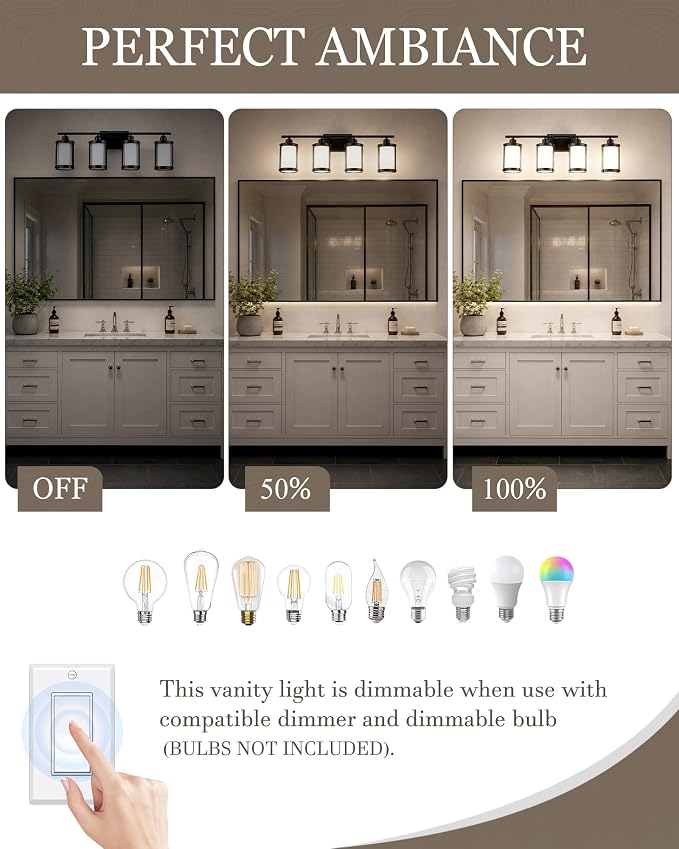 4-Light Oil Rubbed Bronze Bathroom Light Fixtures Over Mirror with Frosted Milk Glass and Metal Cage Shade, 29" UL-Listed Modern Farmhouse Wall Sconce for Bath, Hardwire E26, OS-3014ORBW-4W