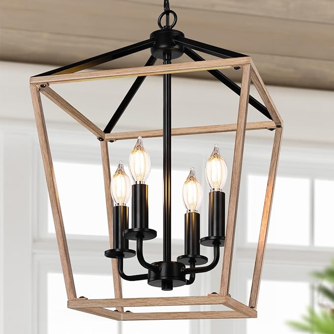 Wood Farmhouse Chandelier, 4-Light Foyer Lighting Fixtures for Dining Room | Industrial Kitchen Lantern chandelier Over Table, Pendant Island Ceiling Light for Entryway, Metal Cage Adjustable Height