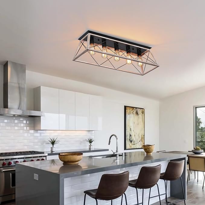 31.5" Large Flush Mount Ceiling Light Fixture, X-Shaped Metal Cage Design, Dimmable 5-Light Close to Ceiling, Farmhouse & Vintage Industrial Style, for Dining Room, Kitchen Island, Living Room