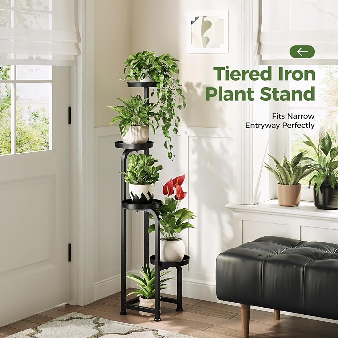 Bamworld Tall Plant Stand Indoor Outdoor Corner Metal Flower Pot Stands | 4 Tier Heavy Duty Plant Shelf for Multiple Plants Plant Table for Patio Garden Balcony Living Room Bedroom(Patent Design)