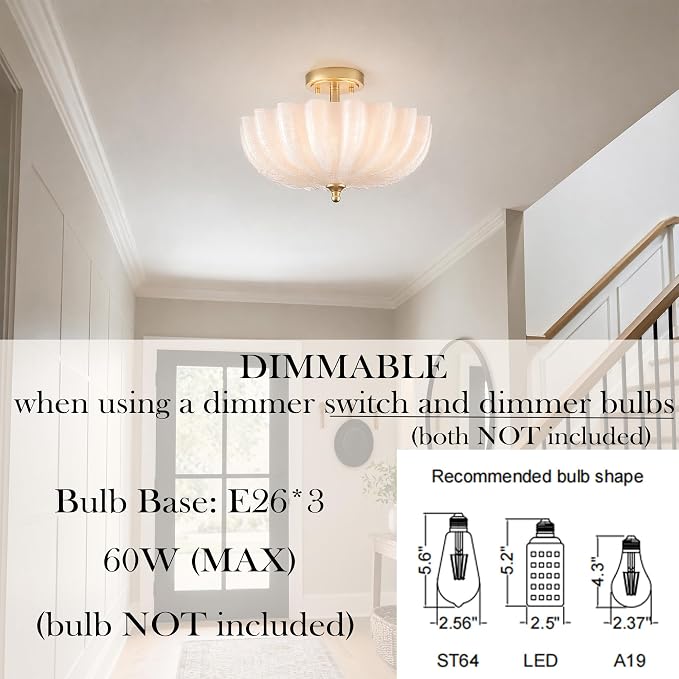 Modern Gold Milky Crackle Glass Semi Flush Mount Ceiling Light | Flower Scalloped Shade 3-Light Brushed Brass Ceiling Light for Bedroom Entryway Living Room