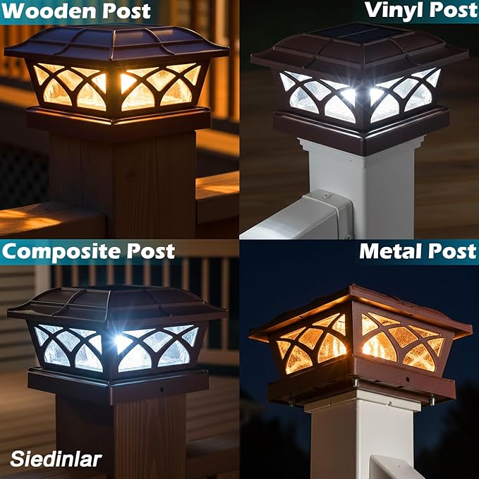 SIEDiNLAR Solar Post Cap Lights Outdoor Glass 2 Color Modes 8 LEDs for 4x4 5x5 6x6 Posts Deck Fence Patio Decoration Warm White & Cool White Lighting Brown (1 Pack)