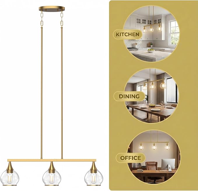 Kitchen Island Linear Pendant Light, 3-Light Gold Dining Room Chandelier with Clear Glass Globe Shades, Modern Linear Lighting Fixture Over Table