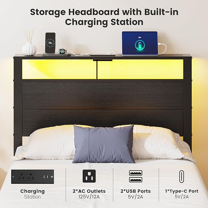 Twin Size Bed Frame with LED Lights and USB Charging Station | Black Metal Platform Bed with Storage Headboard, Noise Free, No Box Spring Needed, Easy Assembly