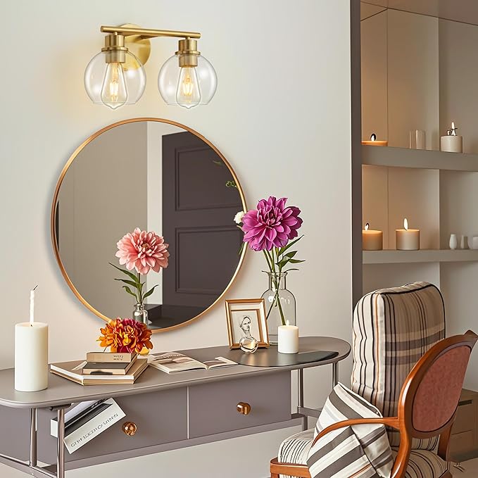 Bathroom Light Fixtures Over Mirror 2-Lights Bathroom Vanity Light with Clear Glass Shade 13.8 inch Gold Wall Sconce Brushed Brass Vanity Lighting Bathroom Light for Bath