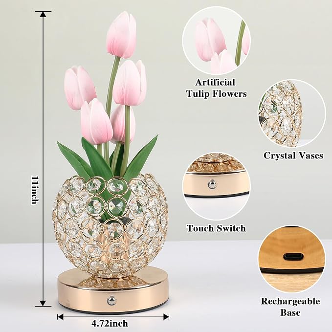 Birthday Gifts for Women Mothers Day Gifts/for Mom Tulip Table Lamp | 3 Color Crystal Flower Bedside Lamps Infinitely Dimming with USB Charge Small Night Light,Night stand Touch Lamp(pink-tulip)