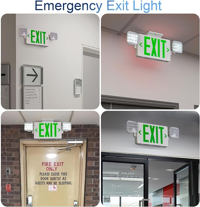 Green LED Exit Sign Emergency Light Combo, UL Listed Battery Backup | UL-listed commercial fire exit sign features 90-min battery backup, 360° rotating dual heads, and easy dual-mount setup.