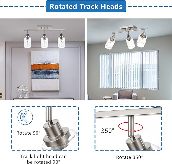 MELUCEE 3 Light Bathroom Vanity Light Brushed Nickel Track Lighting Ceiling | Wall Light Fixtures with Rotatable Track Head for Hallway Porch Foyer Bath Storage, 20.5 Inch, Clear Glass Shade
