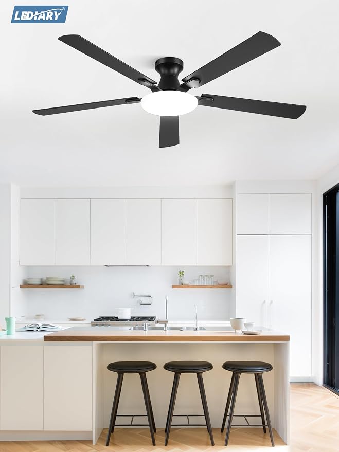 LEDIARY 60 Inch Flush Mount Ceiling Fans with Lights, Remote & APP Control | 3CCT,Stepless Dimmable,Memory Function,Timer,6-speed,Reversible Blade, Quiet DC Motor, Damp-Rated, Living Room, Covered Patio