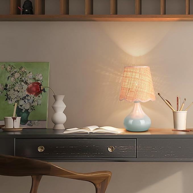 Blue Small Touch Control Table Lamp for Bedroom, Blue Bedside Lamps for Nightstand,Cute Mini Small Table Lamps for Small Spaces with Scalloped Shade for Kitchen Counter,Bookshelf,Living Room