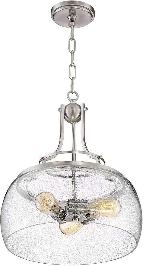 Charleston 16" Wide Satin Nickel 3-Light LED Pendant Light Light Fixture | Chandelier Rustic Farmhouse Seeded Clear Glass for Dining Room House Foyer Entryway Kitchen Bedroom Living