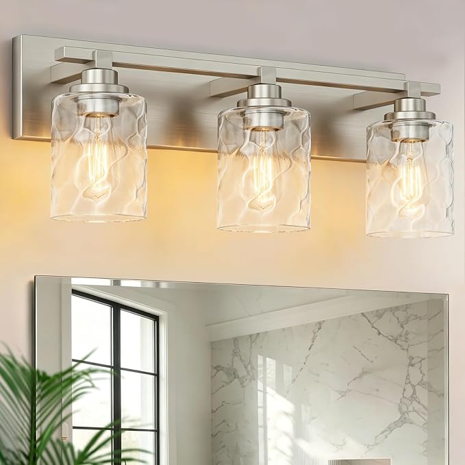 Modern Bathroom Lighting Fixtures Over Mirror, Vanity Lights for Bathroom, Wall Sconces with Clear Glass Shades, E26 Ceramic Socket, 3-Light 19.7-inch Brushed Nickel