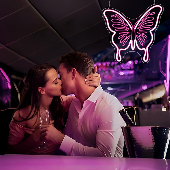 Butterfly Neon Sign - HSJNJKFU LED Neon Signs for Wall Decor Pink Light Sign with Engraved Design, LED Signs for Bedroom, Classroom, School Room Decor, USB Powered