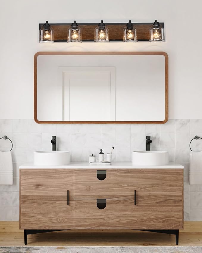 Vanity Lights for Bathroom Large 40", Farmhouse Rustic Vanity Light with Bubble Glass Shades, Brown 5 Light Bathroom Lighting Fixtures Over Mirror, Bath Wall Sconce Home Decor