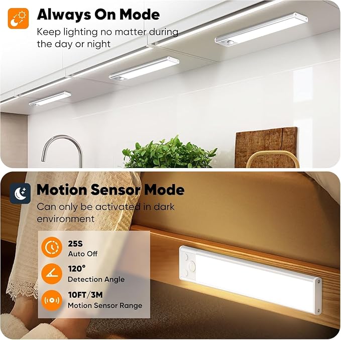 Under Cabinet Lighting, 5-Pack 10 inch 2200mAh Rechargeable Battery Operated Motion Sensor Lights Indoor, Wireless Dimmable Magnetic Under Counter Closet Night Lights for Kitchen, Stair