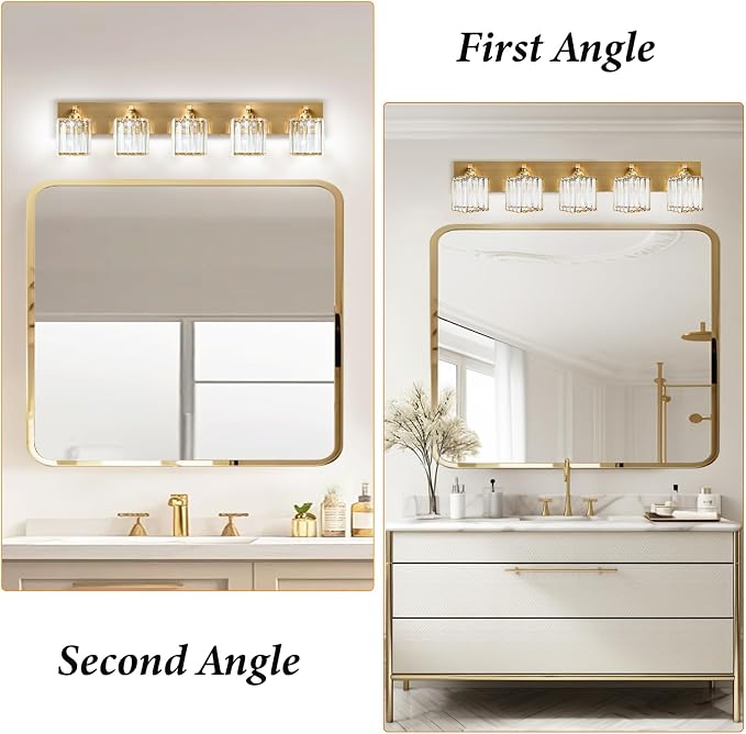 Gold Crystal Bathroom Vanity Light, 5-Light Modern Bathroom Lighting Fixtures Over Mirror,Chrome Wall Sconce Light Fixtures with Square Shade