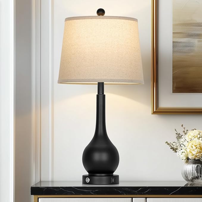 26" Black Table Lamp for Living Room Single, Touch Control Bedroom Lamps for Nightstand, 3-Way Dimmable Bedside Lamp with USB A+C Port (1 Pack)