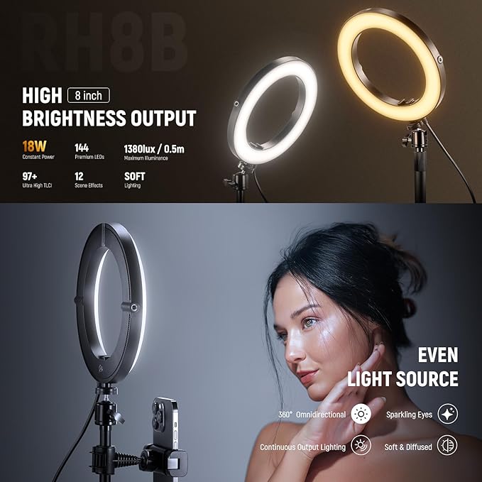 NEEWER 8" 18W High Power Desk Ring Light with Stand & Phone Holder, Circle Selfie Ringlight for iPhone Streaming Vlogging Recording, Video Conference Lighting Kit for Laptop Computer Zoom Call, RH8B