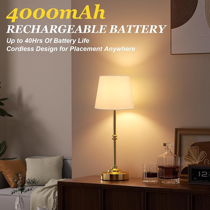 Kakanuo Rechargeable Cordless Table Lamp Gold - 2 Pack Brass 4000mAh Battery Operated Lamp, 3000K Warm Light, Touch Control Stepless Dimming, for Bedside, Dining Table, Home Decor