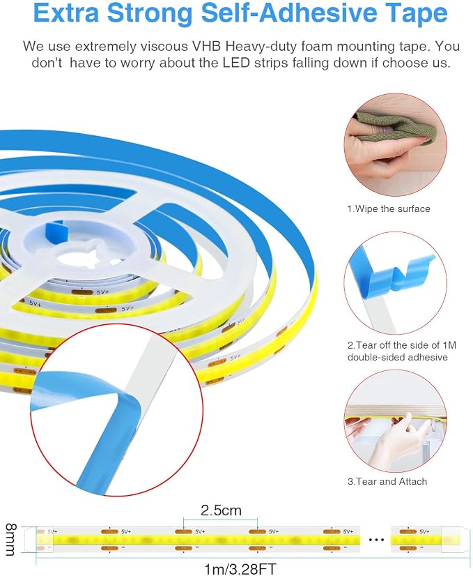 Aclorol USB COB LED Strip Lights 3.28FT/1M Warm White 3000K Dimmable for TV | 2 Pack Short LED Strip Lights, Flexible and Cuttable, for Bedroom Wardrobe Kitchen Cupboard Staircase Home DIY Lighting