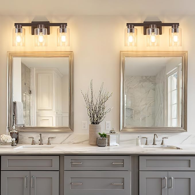 3-Light Bathroom Light Fixtures with Clear Glass, Oil Rubbed Bronze | Vanity Lights, Modern Wall Sconces, Over Mirror for Bathroom, Powder Room, Living Room