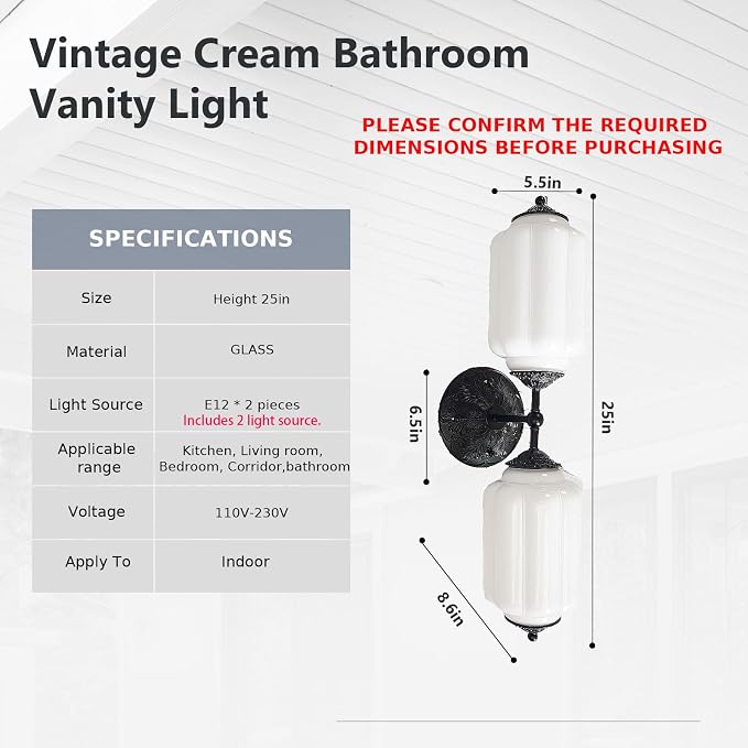 Vintage Milk Glass Bathroom Vanity Light - 2-Light Wall Sconce with Brass Finish Base & Green Glass Shade - Wall Sconce Lighting for Mirror, Kitchen, Living Room, Gallery (Bulbs Included) (white)