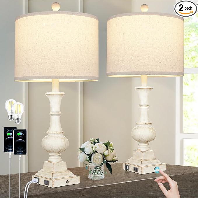 26" Farmhouse Table Lamps Set of 2, Rustic Touch Control Bedside Lamps with 2 USB Ports & AC Outlet, Vintage White Resin 3-Way Dimmable Nightstand Lamp Linen Fabric Shade for Living Room Bedroom Decor