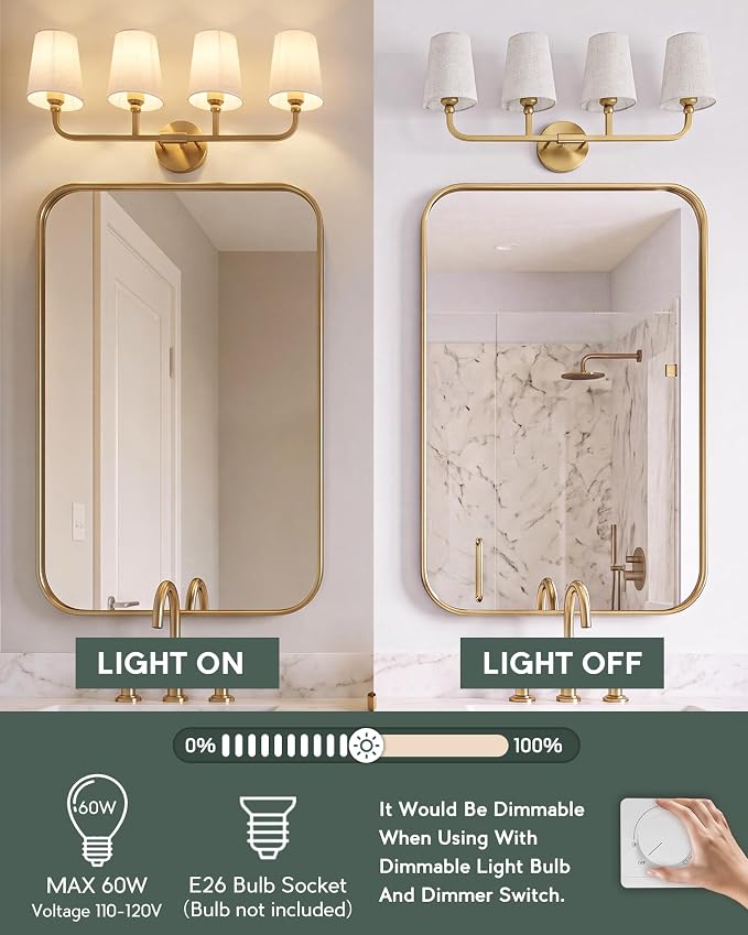 4-Light Brushed Gold Bathroom Vanity Light with Linen Fabric Shade | 28 Inch gold bathroom light fixture over mirror, UL listed, E26 bulbs, hardwired, upward only, VL837-BG-A-4