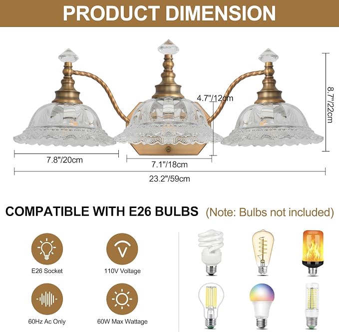 Vintage Bathroom Vanity Light Fixtures, 3-Light Matte Brass Finish Vanity Light with Floral Clear Glass Shades, Retro Wall Sconce for Mirror, Powder Room, Bedroom