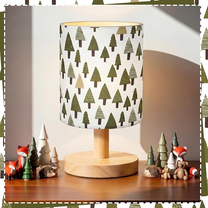 Woodland Kids Table Lamp for Bedroom Kids Bedside Lamp with Linen Wooden Nightstand Cartoon Nursery Lampshade for Girls Boys Living Room