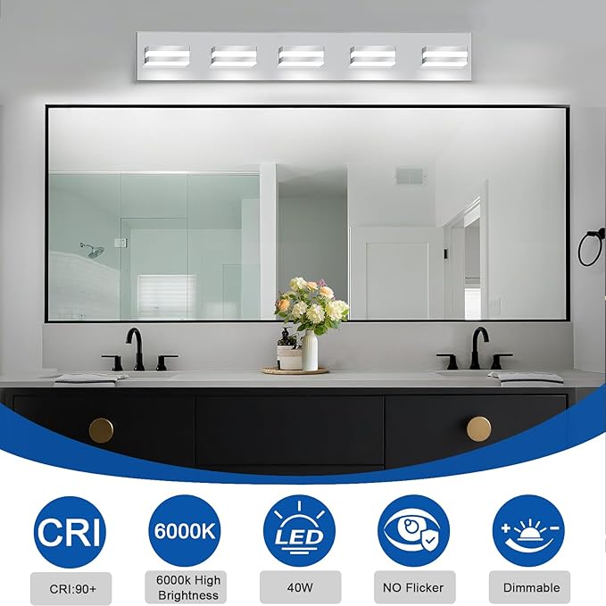 IZORRO LED Modern Bathroom Lights Fixtures(5-Light,Dimmable),Chrome Acrylic Wall Lighting,Vanity Lights for Bathroom Over Mirror - 6000k 30In （No Assembly Required）