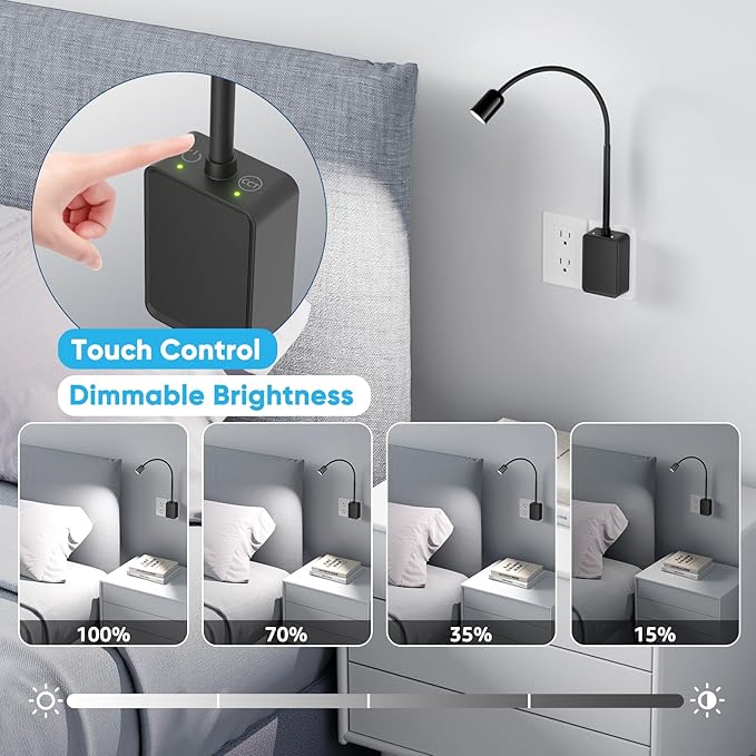Plug in LED Book Reading Light, Black Flexible Dimmable LED Wall Sconce Lamp with Power Plug for Outlets in Bedroom Kitchen Living Room, 3 Lighting Colors, 50° Spot Lighting Angle