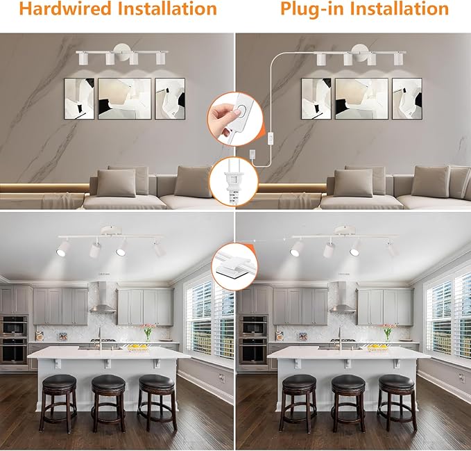 Plug in Track Lighting Kit, 80cm LED 4 Light Kitchen Track Lighting, Corded Wall Light with 16.4ft Cord, 4 Way Ceiling Spot Lighting Flexibly Rotatable Head Includes 4 x GU10 Bulb (4-White-80cm)