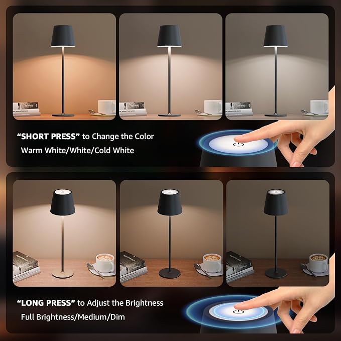 uuffoo 3 Pack Cordless Table Lamp Rechargeable 5000mAH Battery Operated Lights Touch Control LED Portable Desk Lamps 3 Color Dimming for Outdoor Coffee Bedroom Kitchen (Black)