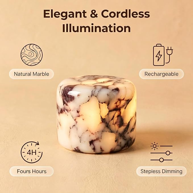 Marble Desk Lamp Touch Control Rechargeable Dimmable LED Light | Premium Natural Marble Base Sensitive Touch Control 3-level Dimming Eye-caring LED Night Light for Bedroom Ambient Decor