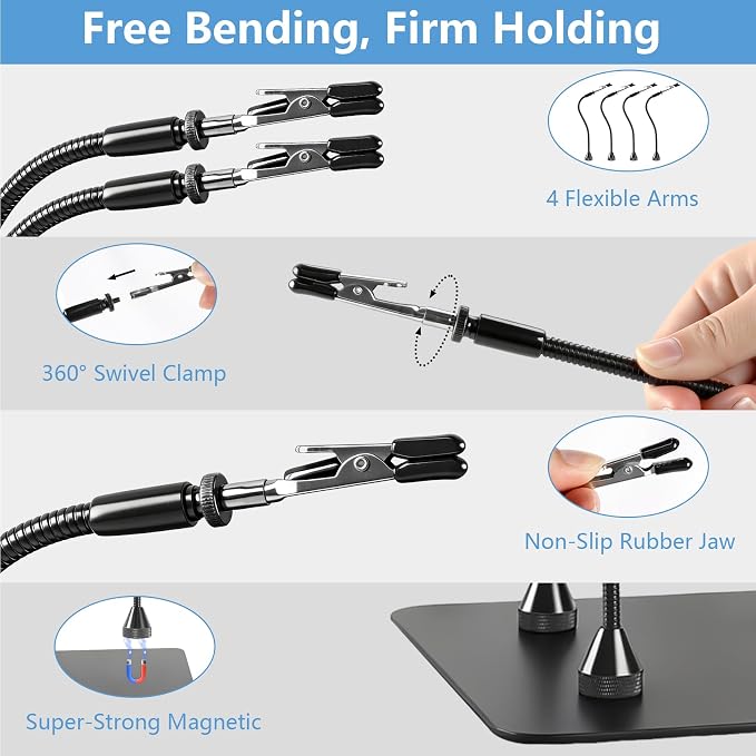 10X Magnifying Glass with Light and Stand, Black 4.3" Helping Hands Soldering Station with 4 Flexible Helping Arms, 5 Color Mode, 10 Dimmable Levels for Electronics Repair, Jewelry, Hobby