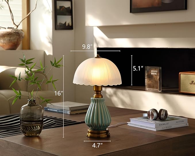 Glivpny 16" Vintage Ceramic Table Lamp forBedroom,Mushroom Lamps(LD004) | Mid Century Modern Ceramic Lamps for Living Room,Retro Bedside Glass Lamps, Classic Chinoiserie Green Lamp for Home Decor